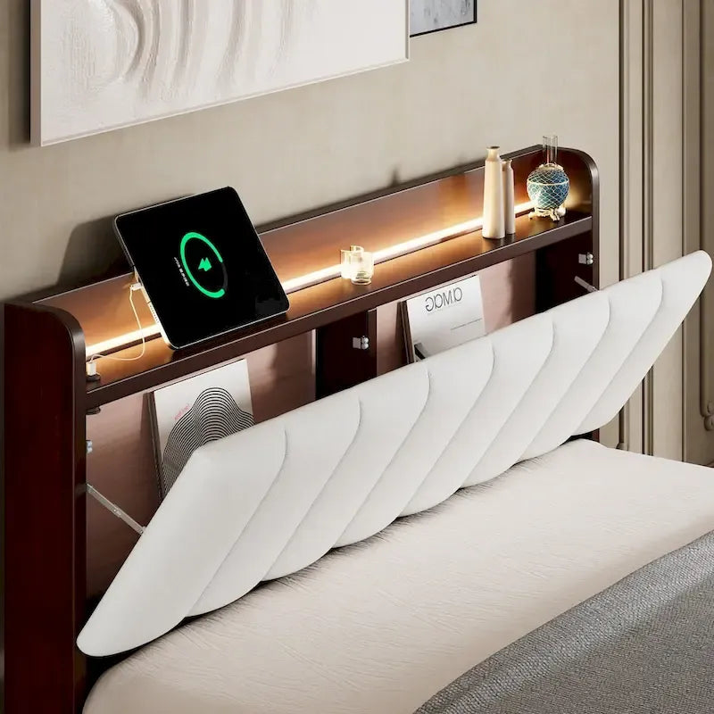 Lit plateforme tapissé noyer/gris avec tête de lit LED et chargement USB, grand lit/très grand lit, convient à 2 personnes