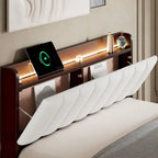 Lit plateforme tapissé noyer/gris avec tête de lit LED et chargement USB, grand lit/très grand lit, convient à 2 personnes