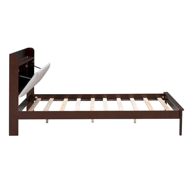 Lit plateforme tapissé noyer/gris avec tête de lit LED et chargement USB, grand lit/très grand lit, convient à 2 personnes
