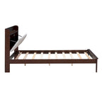 Lit plateforme tapissé noyer/gris avec tête de lit LED et chargement USB, grand lit/très grand lit, convient à 2 personnes