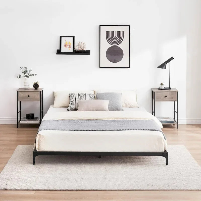 Cadre de lit plateforme en métal noir, pas de sommier tapissier, lit simple/double/grand lit, 1 à 2 personnes