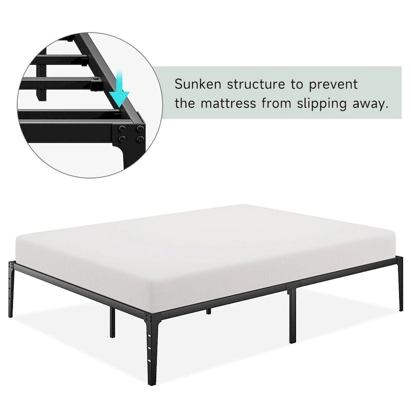 Cadre de lit plateforme en métal noir, pas de sommier tapissier, lit simple/double/grand lit, 1 à 2 personnes