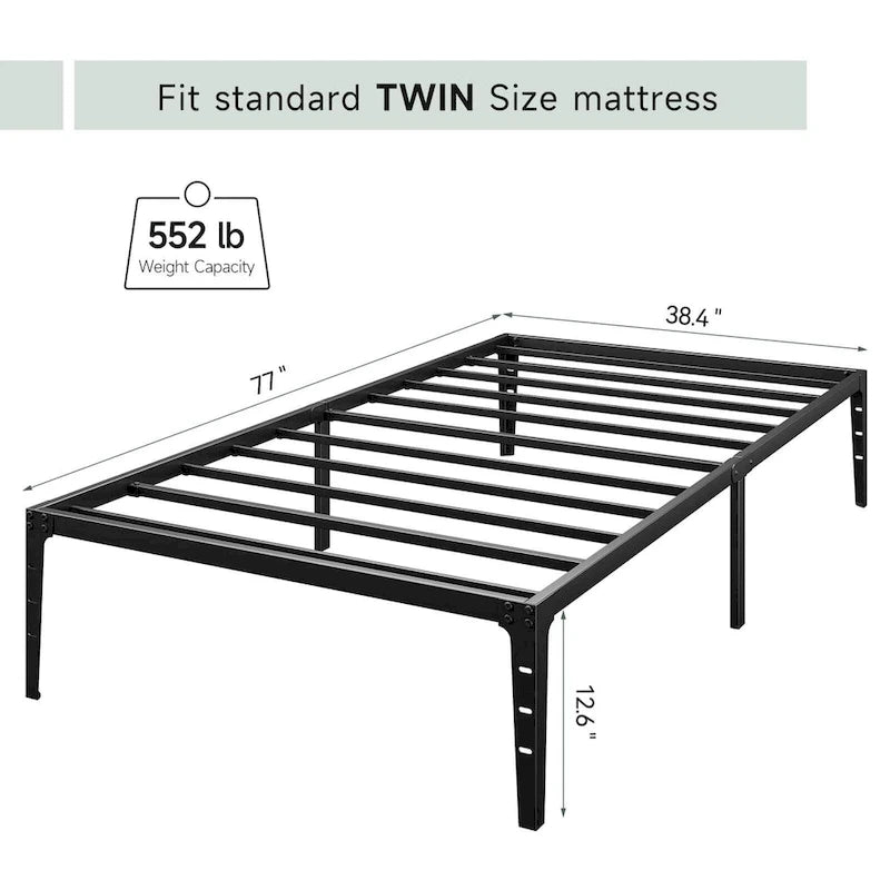 Cadre de lit plateforme en métal noir, pas de sommier tapissier, lit simple/double/grand lit, 1 à 2 personnes