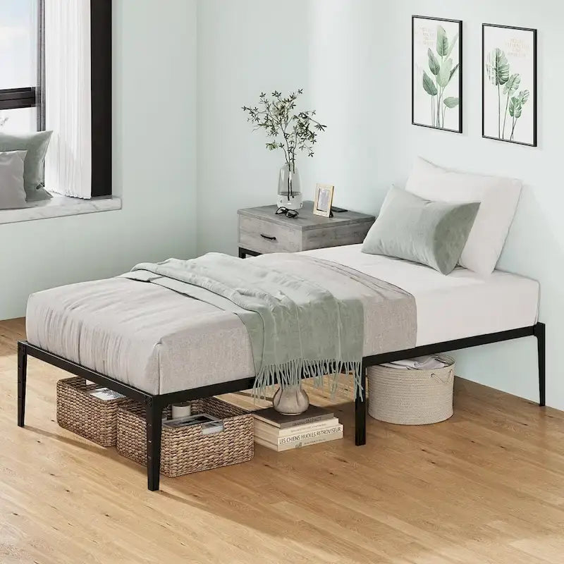 Cadre de lit plateforme en métal noir, pas de sommier tapissier, lit simple/double/grand lit, 1 à 2 personnes