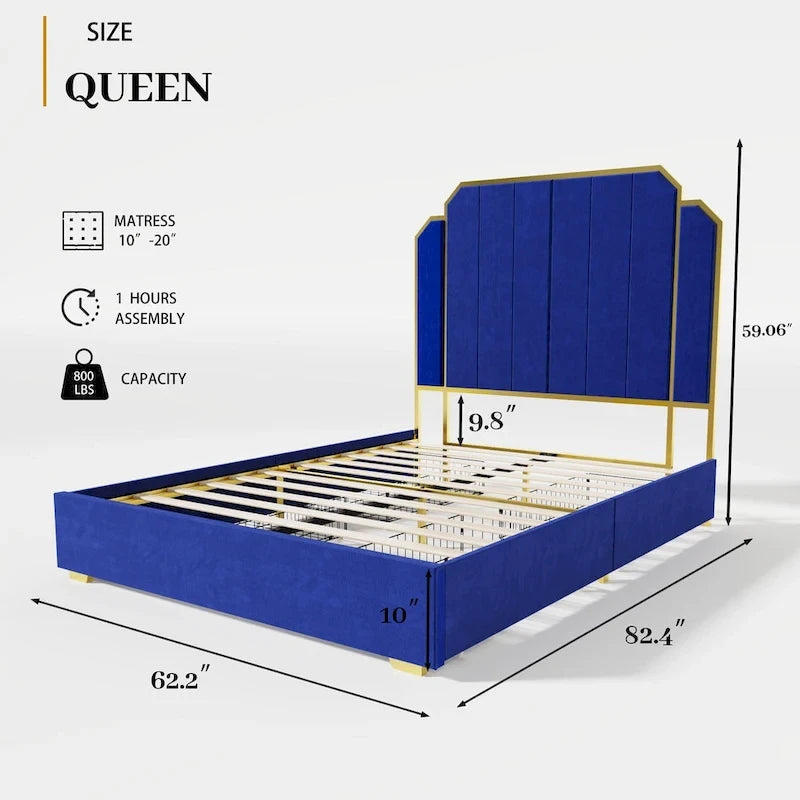 Cadre de lit Queen Size en velours doré et bleu avec tête de lit capitonnée, 2 personnes