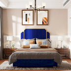 Cadre de lit Queen Size en velours doré et bleu avec tête de lit capitonnée, 2 personnes