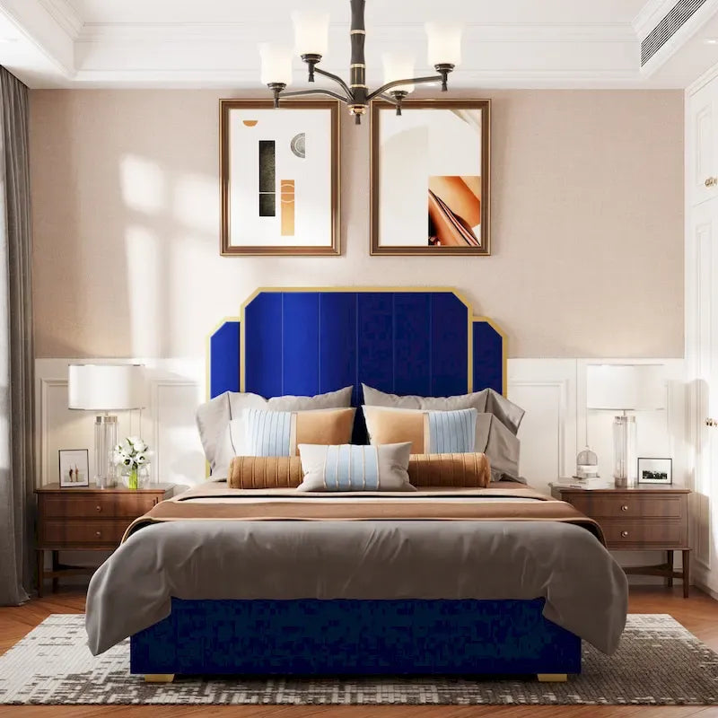 Cadre de lit Queen Size en velours doré et bleu avec tête de lit capitonnée, 2 personnes