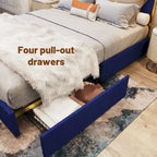 Cadre de lit Queen Size en velours doré et bleu avec tête de lit capitonnée, 2 personnes