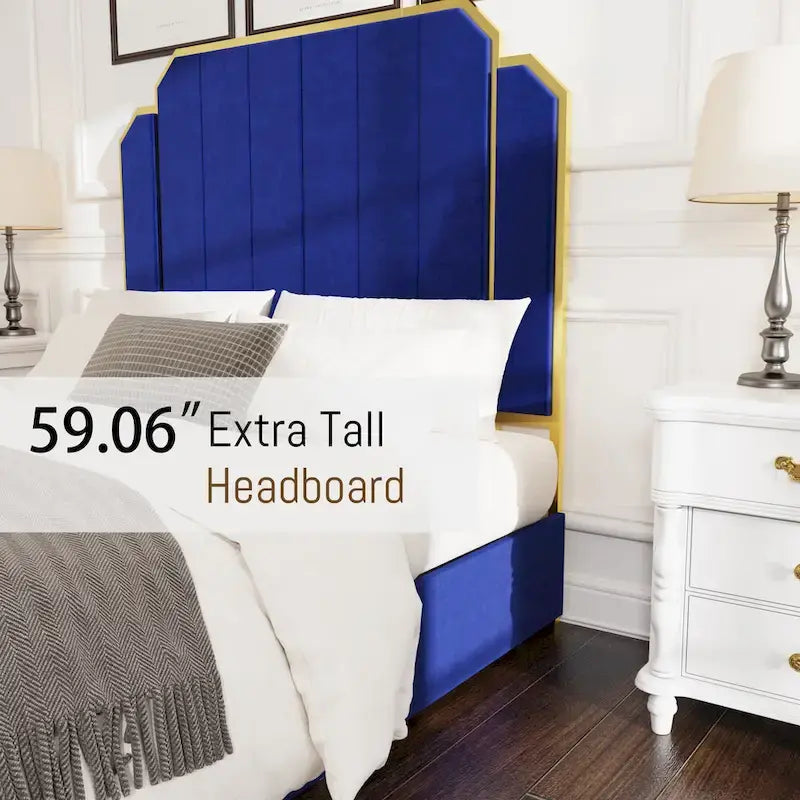 Cadre de lit Queen Size en velours doré et bleu avec tête de lit capitonnée, 2 personnes