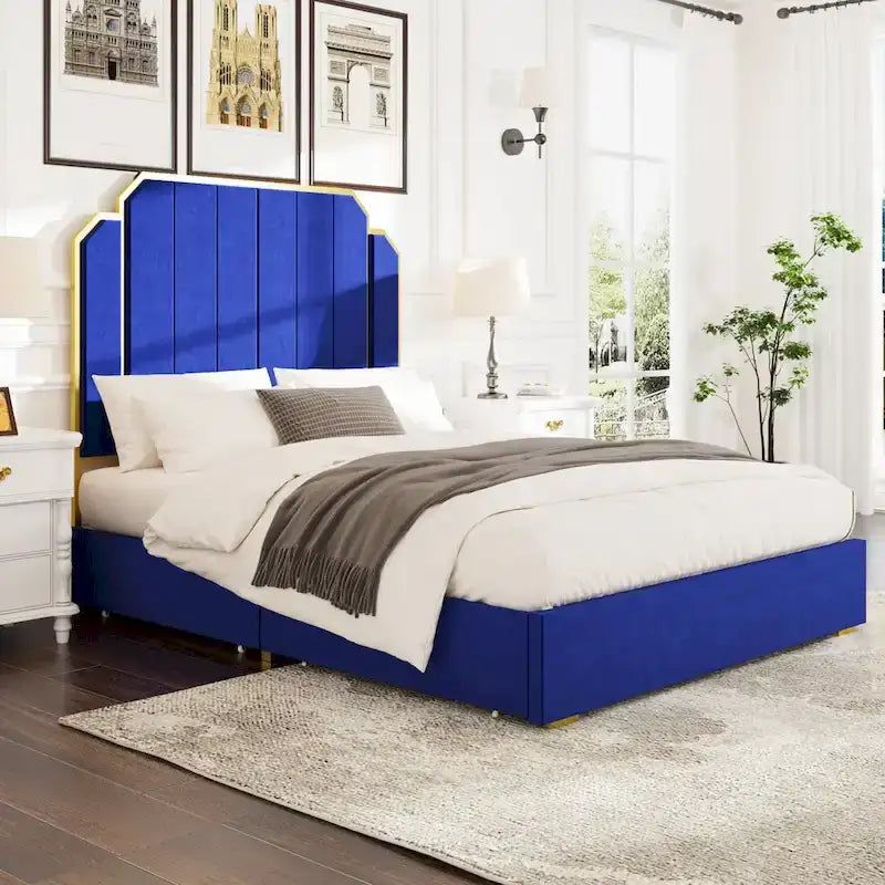 Cadre de lit Queen Size en velours doré et bleu avec tête de lit capitonnée, 2 personnes