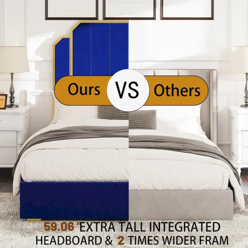 Cadre de lit Queen Size en velours doré et bleu avec tête de lit capitonnée, 2 personnes