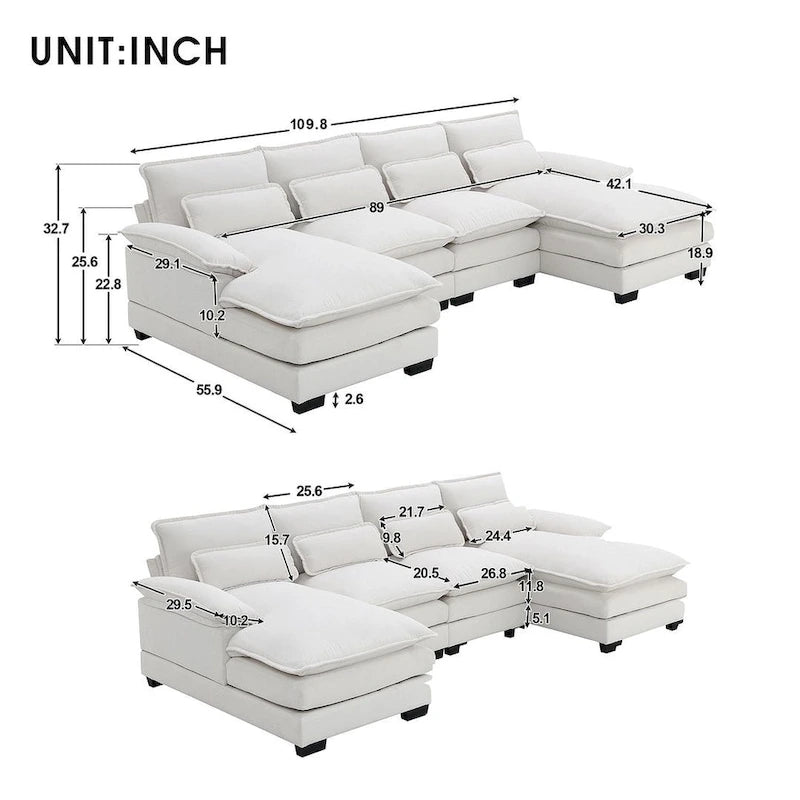 Canapé d'angle modulable 6 places en U blanc/gris/vert/bleu/noir