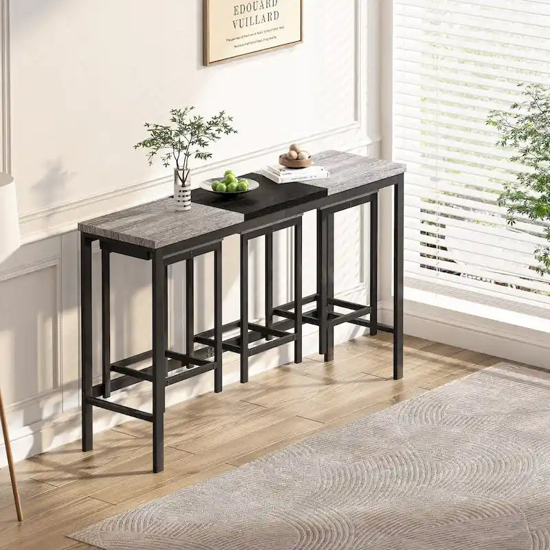 Ensemble table de bar et 2 tabourets bicolore gris/marron