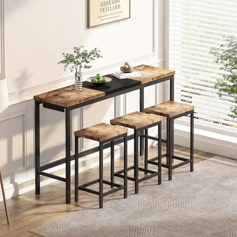 Ensemble table de bar et 2 tabourets bicolore gris/marron
