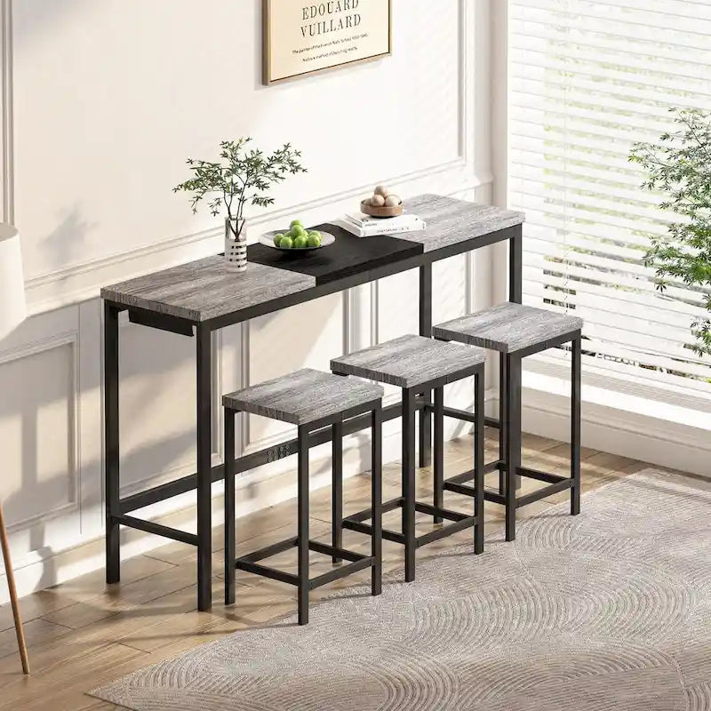Ensemble table de bar et 2 tabourets bicolore gris/marron