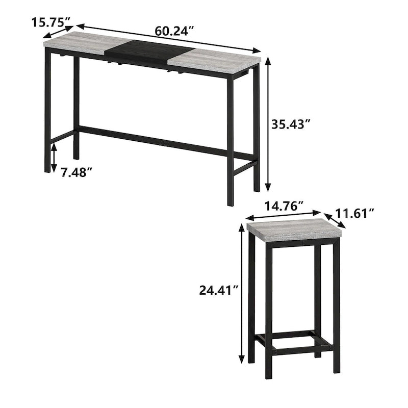 Ensemble table de bar et 2 tabourets bicolore gris/marron