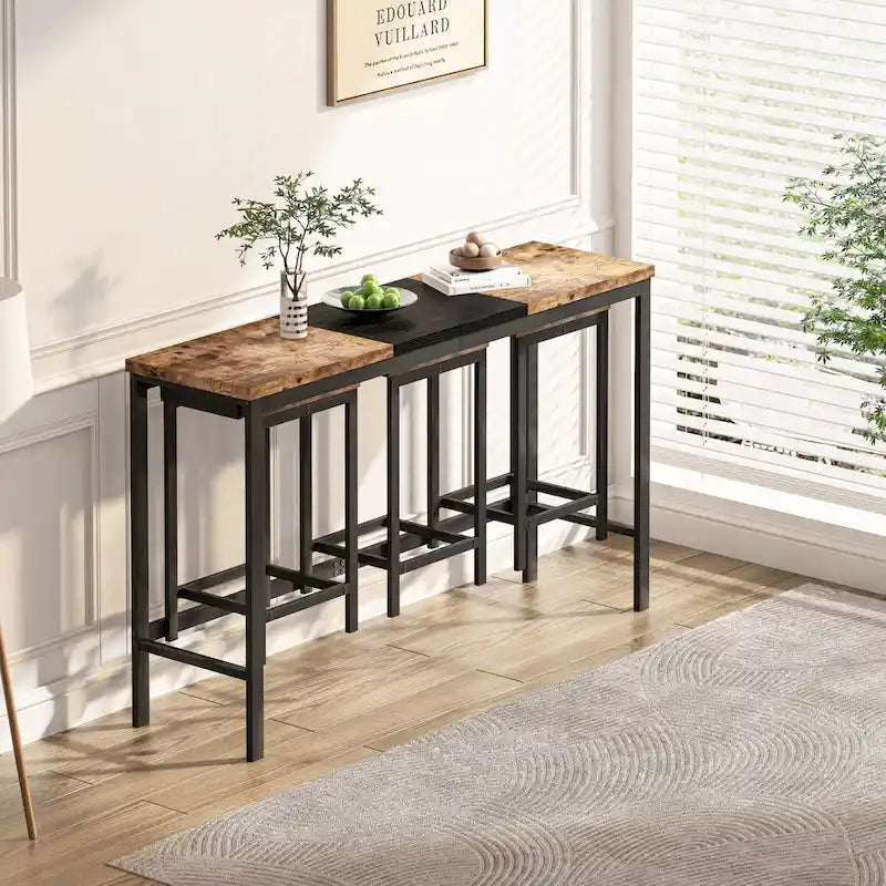 Ensemble table de bar et 2 tabourets bicolore gris/marron