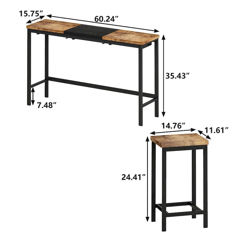 Ensemble table de bar et 2 tabourets bicolore gris/marron