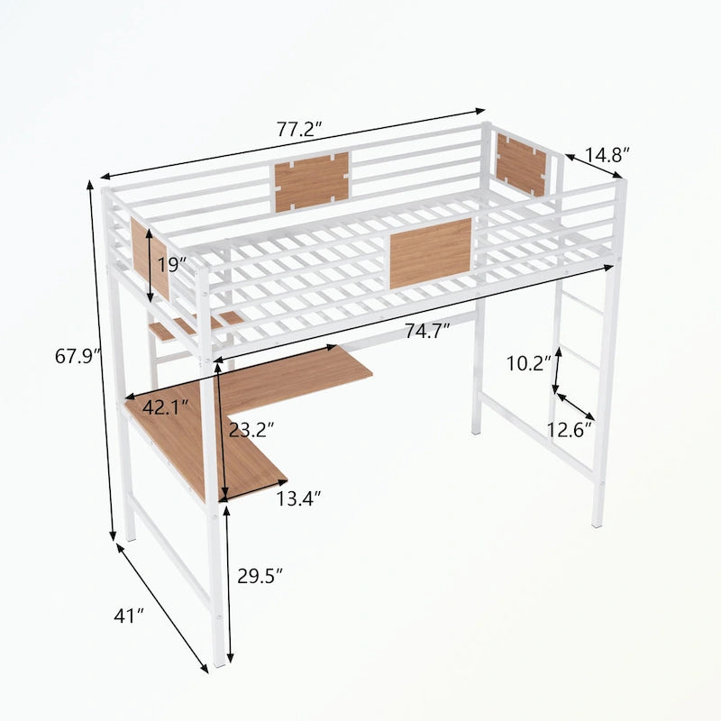 Lit mezzanine double en métal noir/blanc avec bureau et étagères, couchage simple