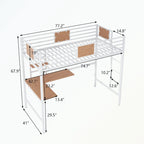 Lit mezzanine double en métal noir/blanc avec bureau et étagères, couchage simple