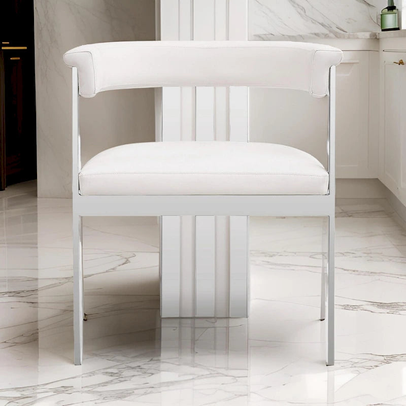 Chaise de salle à manger en cuir vegan blanc, structure en acier chromé, siège individuel