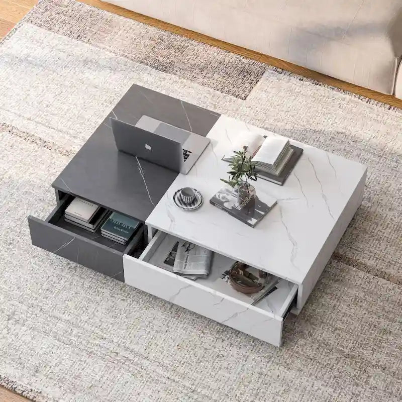 Table basse bicolore blanche et noire avec 2 étagères de rangement, utilisation par 1 personne