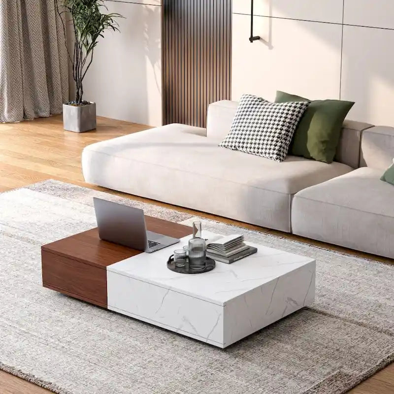 Table basse bicolore blanche et noire avec 2 étagères de rangement, utilisation par 1 personne