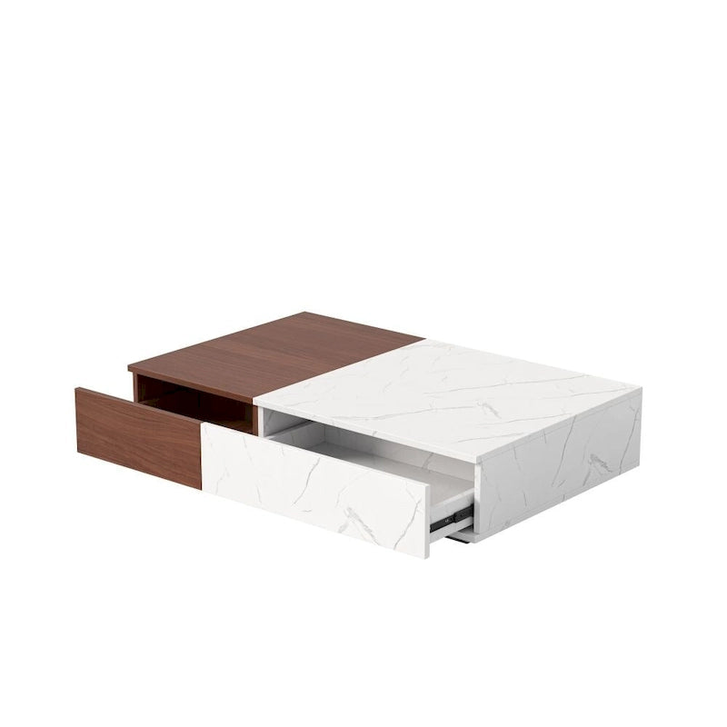 Table basse bicolore blanche et noire avec 2 étagères de rangement, utilisation par 1 personne