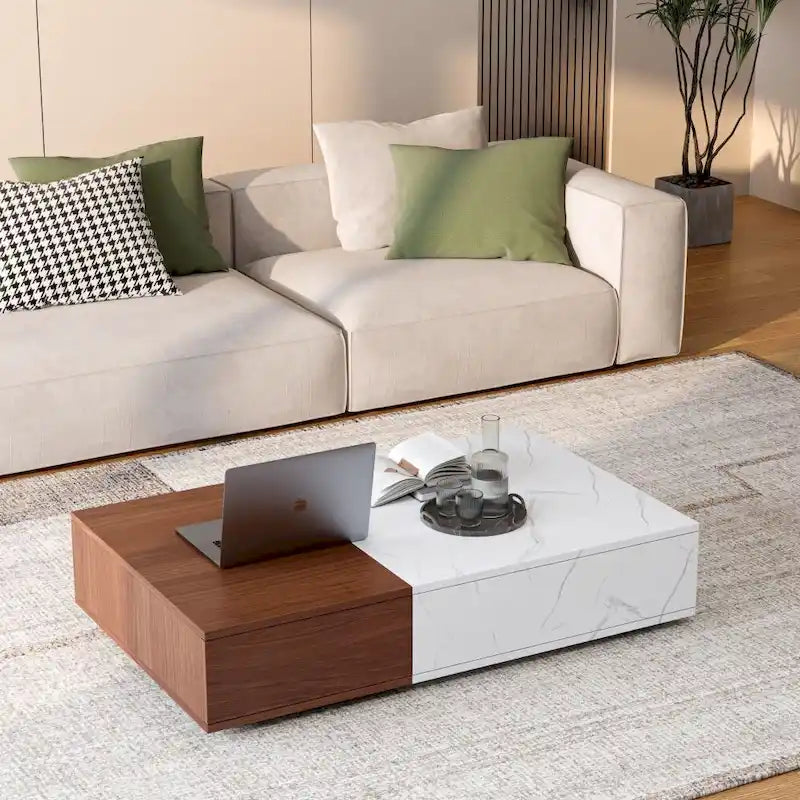 Table basse bicolore blanche et noire avec 2 étagères de rangement, utilisation par 1 personne