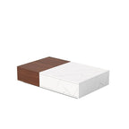 Table basse bicolore blanche et noire avec 2 étagères de rangement, utilisation par 1 personne