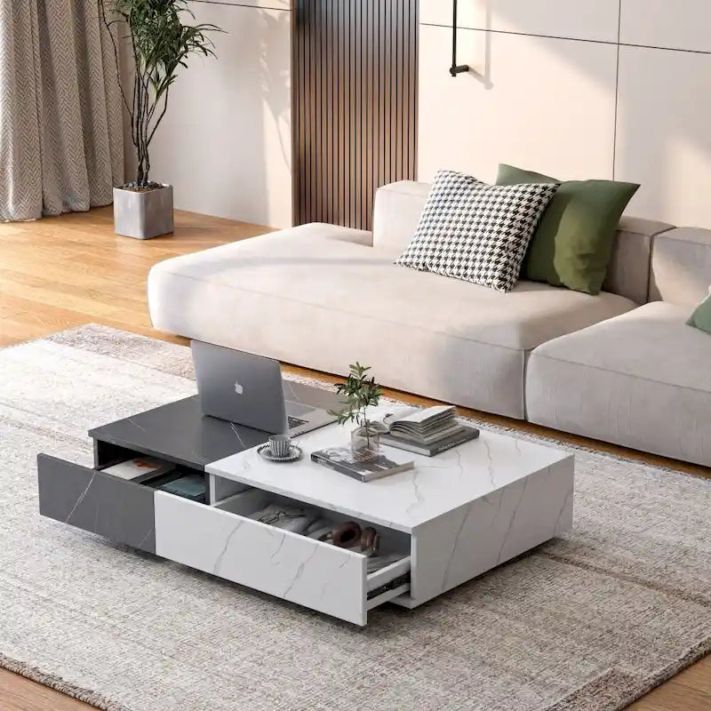 Table basse bicolore blanche et noire avec 2 étagères de rangement, utilisation par 1 personne