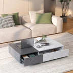 Table basse bicolore blanche et noire avec 2 étagères de rangement, utilisation par 1 personne