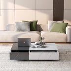 Table basse bicolore blanche et noire avec 2 étagères de rangement, utilisation par 1 personne