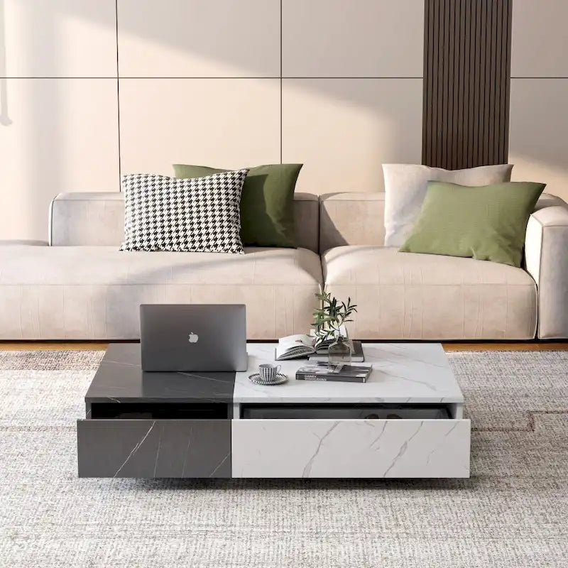 Table basse bicolore blanche et noire avec 2 étagères de rangement, utilisation par 1 personne