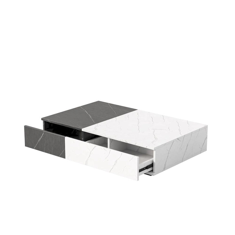 Table basse bicolore blanche et noire avec 2 étagères de rangement, utilisation par 1 personne
